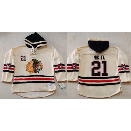 Blackhawks #21 Stan Mikita Cream Heavyweight Pullover Hoodie Stitched NHL Jersey