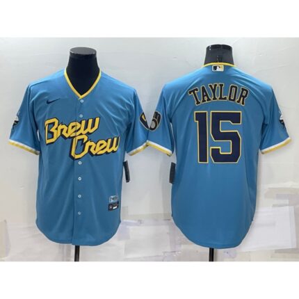 Men's Milwaukee Brewers #15 Tyrone Taylor 2022 Powder Blue City Connect Cool Base Stitched Jersey