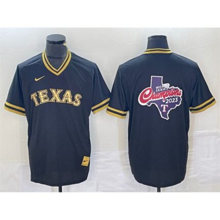 Men's Texas Rangers Black  2023 World Series Champions Big Logo Cool Base Stitched Baseball Jersey