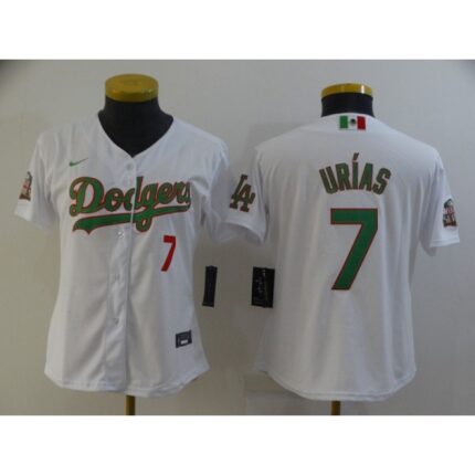 Women Los Angeles Dodgers #7 Julio Urias White Green 2020 World Series Stitched Jersey